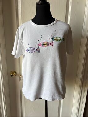 1990s White Fish-Print T-Shirt - Multicolor Fish Design
